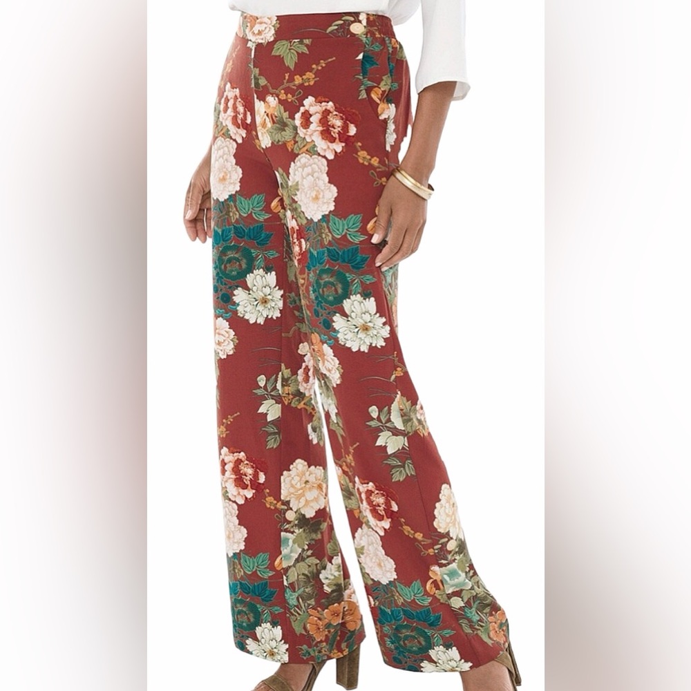 Chico’s Floral Palazzo Wide Leg Pants 3R US 16R Cranberry Spice Boho Chic